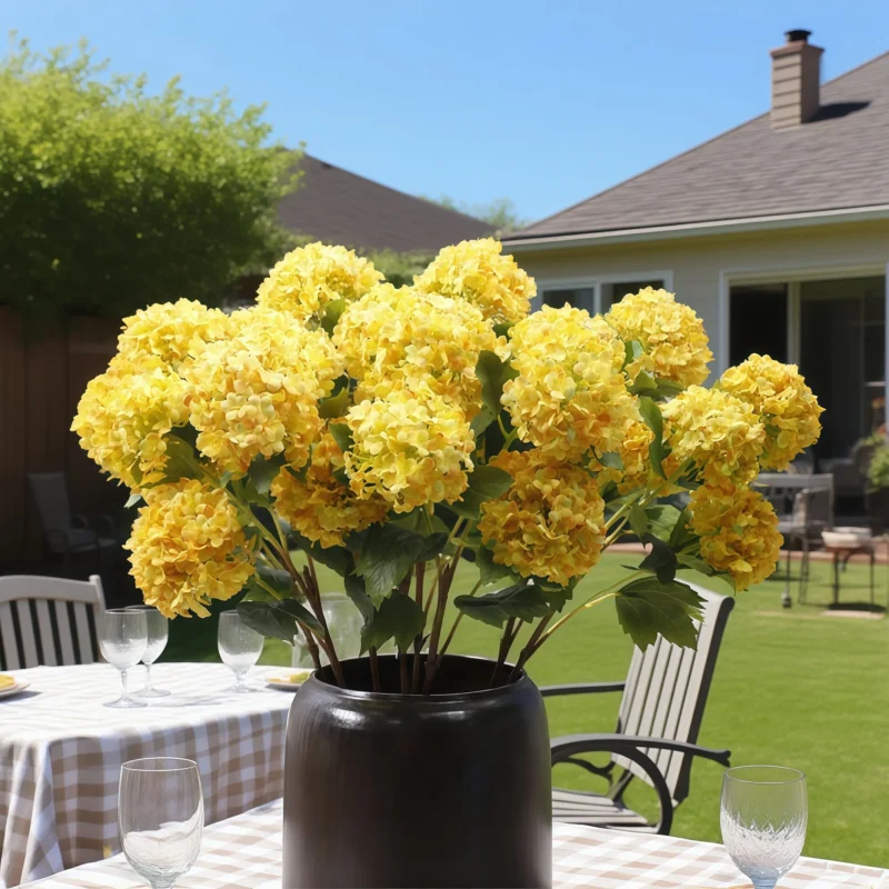 yellow faux hydrangea arrangement,faux hydrangea,faux hydrangea flowers, Faux Snowball Hydrangea in Yellow