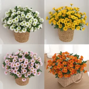 Artificial Daisy Flowers (5PCS) – lifelike silk daisies in vibrant autumn colors. Zero maintenance, durable, perfect for home, wedding, or Christmas decor.