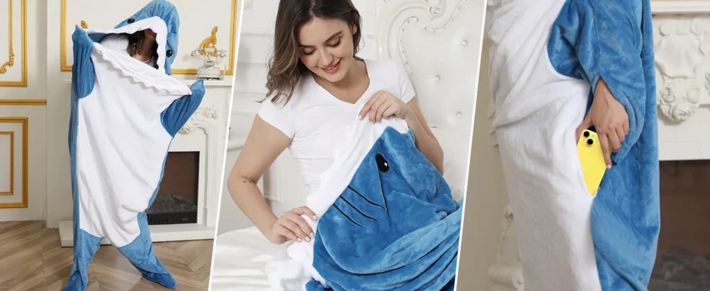 Shark Blanket Hoodie for Adults—4 sizes (M-XXL, 50–100KG), 280GSM flannel. Wearable, cosplay-ready, machine-washable—ideal gift for shark lovers.