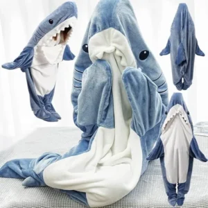 Shark Blanket Hoodie for Adults—4 sizes (M-XXL, 50–100KG), 280GSM flannel. Wearable, cosplay-ready, machine-washable—ideal gift for shark lovers.
