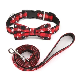 Christmas Dog Collar and Leash Sets – festive plaid, Santa charms, removable collar. 2 sizes, soft cotton – ideal for holiday style!