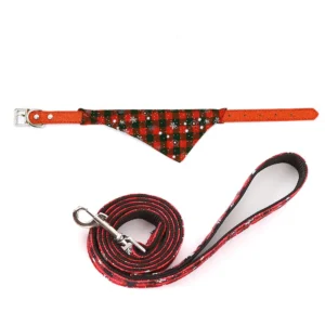 Christmas Dog Collar and Leash Sets – festive plaid, Santa charms, removable collar. 2 sizes, soft cotton – ideal for holiday style!