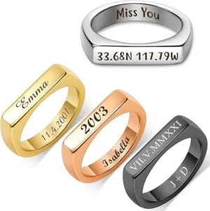 Custom stainless steel rings with personalized engraving. 14k plating options, hypoallergenic, handmade in the US. Perfect gift in a delicate box.
