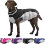Waterproof dog winter coat with built-in harness, 7 sizes. Reflective, warm fleece, pockets – ideal for small to large dogs in cold, rainy weather.