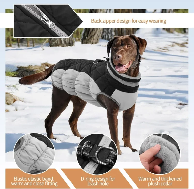 Waterproof dog winter coat with built-in harness, 7 sizes. Reflective, warm fleece, pockets – ideal for small to large dogs in cold, rainy weather.