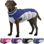 Waterproof dog winter coat with built-in harness, 7 sizes. Reflective, warm fleece, pockets – ideal for small to large dogs in cold, rainy weather.