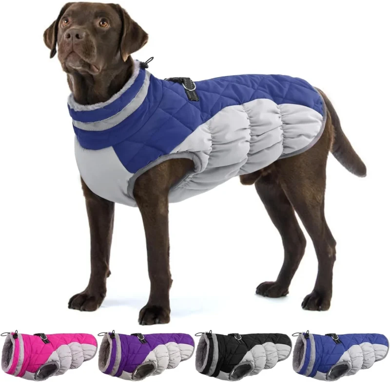 Waterproof dog winter coat with built-in harness, 7 sizes. Reflective, warm fleece, pockets – ideal for small to large dogs in cold, rainy weather.