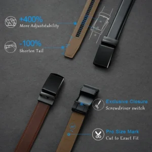 Leather Ratchet Belt for men – adjustable 110-130cm, hole-free buckle, premium leather. Easy to customize, stylish for all occasions, in a luxury gift box.