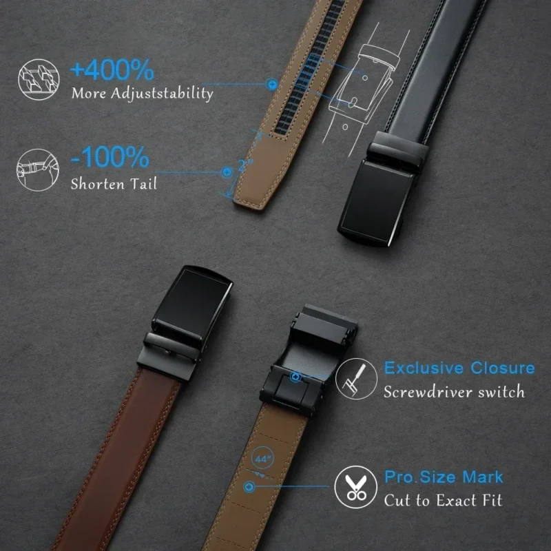 Leather Ratchet Belt for men – adjustable 110-130cm, hole-free buckle, premium leather. Easy to customize, stylish for all occasions, in a luxury gift box.