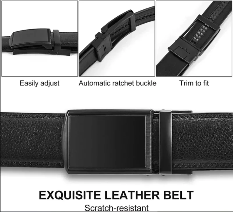 Leather Ratchet Belt for men – adjustable 110-130cm, hole-free buckle, premium leather. Easy to customize, stylish for all occasions, in a luxury gift box.