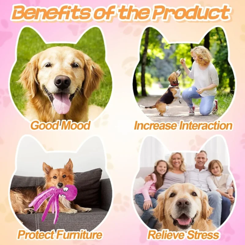 3-pack Octopus Dog Toys – plush, 12.6 inches, with squeakers. 4 colors (blue, green, orange, purple). Great for dogs/cats, reduces boredom, gentle on gums.