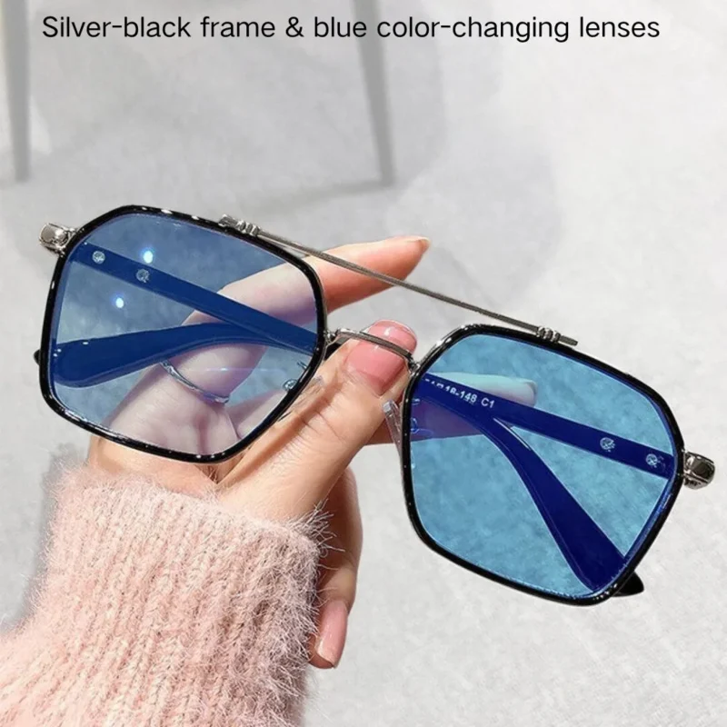Silver-black frame & blue color-changing lenses