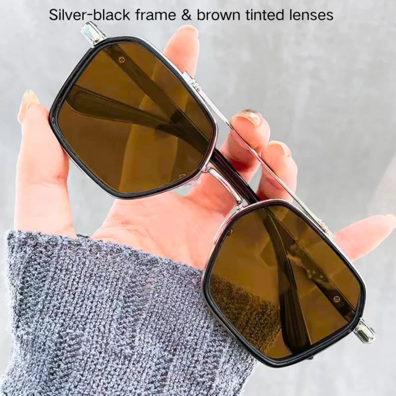 Teashade prescription sunglasses,Silver-black frame & brown tinted lenses.
