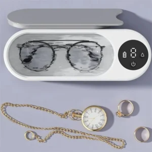 Ultrasonic Glasses Cleaner – 450ml portable machine. Cleans glasses, jewelry, makeup brushes with tap water. Easy, durable, space-saving.